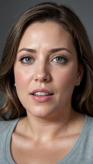 A detailed, photorealistic portrait of a confident and beautiful fat bbw mature woman. She is wearing a lowcut v-neck t-shirt, braless. She has a chubby and soft face with a friendly, inviting smile. Her eyes are a striking blend of gray, blue, and green, captivating and expressive with subtle lines at the corners. Her lips are luscious and full, with a natural rosy tone. Her skin shows the authentic signs of maturity, adding to her beauty. Her wavy, shoulder-length hair is a rich light bbrunette with prominent strands of silver and gray gracefully blending into the base color. She has a curvy, plump, and voluptuous body with a full figure. The overall aesthetic is a sensuous and alluring Eastern European mature woman, exuding confidence and elegance. The image should be captured with exceptional detail and realistic lighting, focusing on her expressive facial features and her appealing, curvy form. Eye contact with the viewer. mega Ultra Quality, Shot on Canon EOS R5, 85mm f/1.2, studio lighting, ((high quality, 4k, realistic, high detailed, insanely detailed, real, best quality, ultra-detailed, fine detail, professional photography, taken with Canon EOS 5D Mark IV DSLR, aperture f/8, shutter speed 1/250 sec, ISO 100, highres, 8k wallpaper, cinematic lighting, masterpiece, heavily upvoted)), ((masterpiece)), high detail, complex details, OverallDetail, perfect lighting, professional realistic photo, <lora:rknArouseXL:.8>, braless, Wearing, clothes, that, make, sense, with, Braless>, <lora:bralessSDXL_v1_00022:.8>
