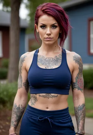 Muscular woman, outdoors, muscular build, deep indigo blue sports bra, black sweatpants, medium length reddish-purple hair messily tied up, body covered in elaborate tattoos in various styles, out of focus background, calm expression, casual pose