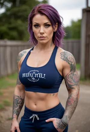Muscular woman, outdoors, muscular build, buff, huge muscles, well defined musculature, deep indigo blue stretched sports bra, black sweatpants, medium length messy light reddish-purple hair, body covered in elaborate tattoos in various styles, absolutely covered in tattoos, tattoos all over, tattooed arms, tattooed chest, tattooed neck, tattooed midriff, massive breasts, out of focus background, calm expression, casual pose