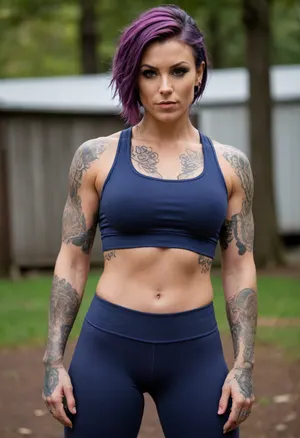 Muscular woman, outdoors, muscular build, buff, huge muscles, well defined musculature, deep indigo blue stretched sports bra, black sweatpants, medium length messy light reddish-purple hair, body covered in elaborate tattoos in various styles, absolutely covered in tattoos, tattoos all over, tattooed arms, tattooed chest, tattooed neck, tattooed midriff, massive breasts, out of focus background, calm expression, casual pose