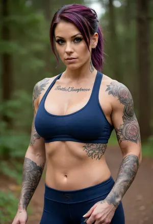 Muscular woman, outdoors, muscular build, buff, huge muscles, well defined musculature, deep indigo blue stretched sports bra, black sweatpants, medium length messy light reddish-purple hair, body covered in elaborate tattoos in various styles, absolutely covered in tattoos, tattoos all over, tattooed arms, tattooed chest, tattooed neck, tattooed midriff, massive breasts, out of focus background, calm expression, casual pose