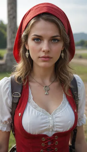 Anne Bonny, (Assassin's Creed IV, Black Flag), Design a costume for Anne Bonny, a white blouse with a red corset vest, paired with black pants, Include a red headscarf and a pistol holster., front angle view, looking at the viewer, huge natural bust, key light, rim light, sun light, most beautiful face. Ultra detailed face.