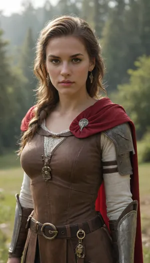 Eivor Varinsdottir, (Assassin's Creed Valhalla, Female Variant), Design a costume for Eivor Varinsdottir, a brown leather tunic with fur trim, paired with gray pants, Include a red cape, arm guards, and an axe holster., front angle view, looking at the viewer, huge natural bust, key light, rim light, sun light, most beautiful face. Ultra detailed face.