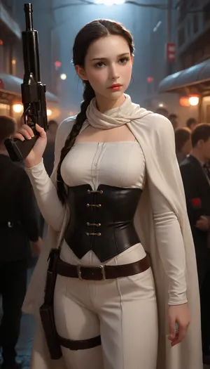 Cartoon, masterpiece, best quality, high resolution, hires, score_9, score_8_up, score_7_up, score_6_up, (Padmé Amidala:1.4), stocky body, medium breasts, tight white outfit with a Grey belt, large white scarf around neck, standing in a star wars Droid factory, blaster gun holster, standing ready to fight, ratatatat74 art style, incase style, <lora:287175_training_data:1.4>, <lora:ratatatat74-000050:1.4>, p4dme, woman, long, wavy, hair, blue, night, garb, white, uniform, chignon, coat, naboo, corset, braid, ponytail, tiara, <lora:padme amidala - p4dme woman:.8>