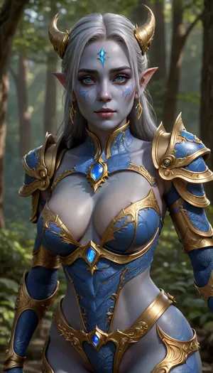Draenei, blue skin, golden harness armor with corselet, golden rings of earrings, golden bracers on arms and thighs, wet body, elven palace, super detained, in forest lake super realistic, superquality, detailxl, art, by, mooncryptowow, <lora:detailed_notrigger:.8>, <lora:WowifierXL-V2:.8>