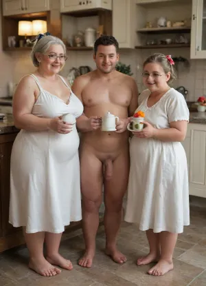 Two women and two boys, dim lighting, candles, (obese granny), in glasses wearing long white sundress and robe, gray hair, hair bow, very tall, (young obese girl), in sundress, ((young man)), ((man fully naked)), flaccid cock, happy, full body view, cozy kitchen, sunny day, flowers, fruits, teapot, holding coffee mugs