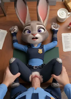 (Furry, Judy Hopps from "Zootopia":1.7), ((Disney)), rabbit, furry, wearing officer uniform, male PoV, big cock, Judy Hopps on table, sex, fucking pussy, ripped pants, moaning, intense orgasm