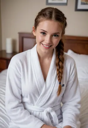 (masterpiece, best quality, high resolution, photorealistic, cinematic lighting), 1 young woman, sitting on the edge of her bed, pussy, (American), extremely beautiful, the most popular girl in school, excited smiling face, (auburn hair), long hair, (braided pigtails), skinny, short waist, (very petite), (wearing a white terrycloth bathrobe), in a college dorm bedroom, portrait from the waist up