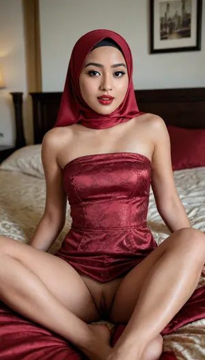 18yo indonesian happily wear satin pattern backless sleeveless capped hijab, pattern strapless minidress, naked, undressed, spread legs widely, perfect body, bedroom background, lay down on a pillow, bottom view, vagina view, open mouth, dark red lipstick