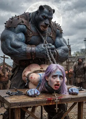 female drow elf barbarian, (blue skin:1.82), tall, angry, busty, curvy, thin waist, big boobs, big butt, slim, fit, vitiligo, strong, fur pelt armor, dungeons and dragons, purplish blue skin, black and purple hair, Dark, Elf, Warrior, Drow, tattooed, scarred, purple eyes, blue skin, amazon, giant, fur barbarian armor, bloody, blood spatter, bear, bear heart, (in a bloody filed after a battle, white full moon in the sky:1.4), (man is choking her from behind:1.4), ((hogtied, bound with large chains, crucified to a torture table, spikes through hands:1.3)), (torture:1.32), (large sharp sword in anus:1.12), cock in mouth, (brutal face fuck), Blowjob, (tears in eyes:1.5), (running makeup), (cum drips from nose:1.3), (cum drips from mouth:1.3), ultra hd, photorealistic, hyper gigantic large black cock in mouth, (((hyper gigantic large black cock in mouth:1.3))), oral cream pie, hair grab, sad crying, tongue out, gasping for air, zavy-brbrn, gangbang, double anal penetration, anal spitroast, groupsex, deepthroat, (4 gigantic African black brute thug, huge trunklike arms, huge head, hyper muscular body, dressed in slave clothes:1.32), ((hogtied, bound for sex, tied up)), (((hyper gigantic large white cock in mouth:1.3))), (pulled nipples:1.2), nipple clamps, (((spitroast))), (((hyper large cock in mouth:1.3))), screaming, shocked, deep anal penetration, Uber realistic, 8k, ultra detailed, masterpiece, arched back, detailxl, 35mm photograph, film, professional, 4k, 1girl, 5 boys, hdr, photographic, ultra realistic, ultra high details, back light, (front view), (dynamic pose), best quality, incredibly lean body, anal sex, with large muscular black men, gargantuan black cocks, large hyper muscular fat old men, (double anal sex), swollen white veiny cocks, (double anal penetration), hardcore double penetration, proper physics, big white cocks, muscular white double anal gangbang, (forceful penetrations), extremely graphic, shocked expression, beautiful hands, defeating a woman in combat, fighting, killing, blood, winning fight, magazine cover, Realism_Quality_2xx_By_Stable_Yogi, score_9, score_8_up, score_7_up, (((very pretty face:1.3))), (((extremely ultra detailed face:1.3))), perfect fingers and hands, upper body view, (extreme size difference:1.6), (ultra realistic), (maximum quality), (high resolution), (extreme detail), (ultra realism), UHD, super high quality, highly detailed, high resolution, perfect lighting, natural lighting, (dynamic angle), (random angle), (random pose), (dynamic view), (random view), golden hour, rich details, nature-inspired color palette, <lora:Dark_Elf_Warrior:2>, <lora:Drow:2>, <lora:339100_training_data:2>, <lora:zavy-brbrn-sdxl:2>, <lora:LCMTurboMix_Euler_A_fix:2>