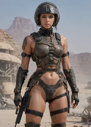 sexy nude body, deeply tanned, hair in a bob cut black hair, slutty ouftit, transparend clothes, realistic eyes, realistic oiled skin, uniform futuristic, no pants, (((combat harnesses))), Topless, bikini, leg guard, elbow guard, gauntlet, gray hoodies that let her see her bare stomach, small armor, camouflage, nude bare thigh, nude bare arm., point finger., Tactical Rifle different poses, Famas Assault Rifle, ((Desert war setting)), Plate, carrier, combat belt tactical, OCP, wkas, with, a, a man / a woman army, nude suit, helmet, harness, garter, straps, cupless, bra, <lora:wkas:.1>, <lora:Mecha_Ggorgeous_Armor-000011:.8>, <lora:230394_training_data:.6>, <lora:StarshipTroopers1024:1>, <lora:Harness_Straps_sdxl:.6>