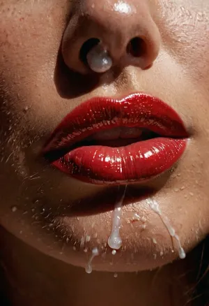 Create a breathtaking 8k high resolution ultra-realistic photograph, ultra Closeup of a mouth mouth, In the foreground, very close up, is a feminine, well-shaped, detailed lips, full mouth, discreet adorned with red lipstick. It is beautifully illuminated, the sun's rays practically make it glow. The rest of the face is unimportant and blurred., (((The mouth is full to the brim with thick, white, viscous cum, trying to swallow cum, cum runs over lips and over the corners of the mouth, mouthful cum)))