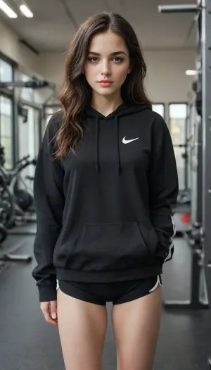 woman, youthful looking gym girl around 20 years old posing in a gym, British white fair skin, chav, skinny fit body, small breasts, long hair, wearing gym kit, loose fit hoodies with tight black Nike pro style shorts. Very sexy legs, visible thighs.