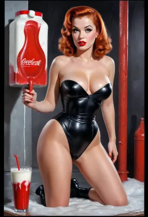 Back view, big text on poster, (((old american porn movie poster pin up 1950's))), (((Pin up.b&w. Movie poster 1950's))), (((red milk pours from ass hole))), (((very wet sperm penis))), (((a lot of milk on erect dick and body))), (((wet milk body))), fat red lips, jerk, Photography, photorealism, a beautiful police woman, tall, beautiful perfect figure, redhead, red hair, somenaked breast, pink Nipples, Knee-high boots, stockings, perfect tall legs, charming eyes, sad yet gracious face, dark background, fantasy art capturing the style of Aaron Horkey, Jeremy Mann and Luis Royo, body-focused composition from a low angle, alluring figure, dark fantasy, dynamic composition, black white photo 1950's, red lipstick, warm hues, showcases acrylic calligraphy, watercolor techniques integrated seamlessly into a maximalist masterpiece, detailed with gouache fluidity, golden hour light, hyperrealism, hypperrealistic, hyperdetailed, 64k, ultraHDR, Movie, Poster, page, <lora:Movie Poster:.9>