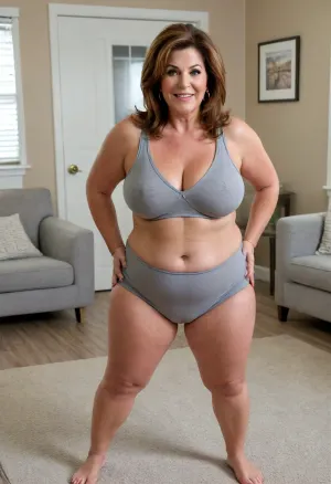 Dynamic angle, 60 year old mature obese GILF, on all fours, (small, not tall), wide hips, thick, thighs, plump, large waist, brunette hair with auburn highlights, messy long hairstyle, chubby round face, strong nose, big smile, unexpected camera, captivating eyes, eye contact with the viewer, (capturing full body, surprised expression), hoop earrings, best quality, photorealism, masterpiece, tight highwaist tan pants, lowcut v-neck gray t-shirt tucked in, sagging, FUPA, big ass, milf, braless, puffy cameltoe, plump pubis