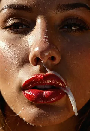 Create a breathtaking 8k high resolution ultra-realistic photograph, ultra Closeup of a mouth mouth, In the foreground, very close up, is a feminine, well-shaped, detailed lips, full mouth, discreet adorned with red lipstick. It is beautifully illuminated, the sun's rays practically make it glow. The rest of the face is unimportant and blurred., (((The mouth is full to the brim with thick, white, viscous cum, trying to swallow cum, cum runs over lips and over the corners of the mouth, mouthful cum)))
