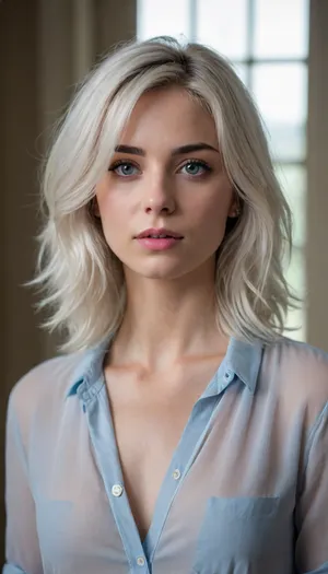 Headshot of a young woman. She has shoulder-length, platinum white hair with a very messy, layered style. She has a slim, skinny yet athletic physique with small breasts and a sharp, thin face. Her skin is fair, and she has no makeup with subtle pink lips and light blue eyes. She is wearing a classy blouse.