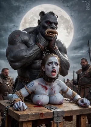 female drow elf barbarian, (blue skin:1.82), tall, angry, busty, curvy, thin waist, big boobs, big butt, slim, fit, vitiligo, strong, fur pelt armor, dungeons and dragons, purplish blue skin, black and purple hair, Dark, Elf, Warrior, Drow, tattooed, scarred, purple eyes, blue skin, amazon, giant, fur barbarian armor, bloody, blood spatter, bear, bear heart, (in a bloody filed after a battle, white full moon in the sky:1.4), (man is choking her from behind:1.4), ((hogtied, bound with large chains, crucified to a torture table, spikes through hands:1.3)), (torture:1.32), (large sharp sword in anus:1.12), cock in mouth, (brutal face fuck), Blowjob, (tears in eyes:1.5), (running makeup), (cum drips from nose:1.3), (cum drips from mouth:1.3), ultra hd, photorealistic, hyper gigantic large black cock in mouth, (((hyper gigantic large black cock in mouth:1.3))), oral cream pie, hair grab, sad crying, tongue out, gasping for air, zavy-brbrn, gangbang, double anal penetration, anal spitroast, groupsex, deepthroat, (4 gigantic African black brute thug, huge trunklike arms, huge head, hyper muscular body, dressed in slave clothes:1.32), ((hogtied, bound for sex, tied up)), (((hyper gigantic large white cock in mouth:1.3))), (pulled nipples:1.2), nipple clamps, (((spitroast))), (((hyper large cock in mouth:1.3))), screaming, shocked, deep anal penetration, Uber realistic, 8k, ultra detailed, masterpiece, arched back, detailxl, 35mm photograph, film, professional, 4k, 1girl, 5 boys, hdr, photographic, ultra realistic, ultra high details, back light, (front view), (dynamic pose), best quality, incredibly lean body, anal sex, with large muscular black men, gargantuan black cocks, large hyper muscular fat old men, (double anal sex), swollen white veiny cocks, (double anal penetration), hardcore double penetration, proper physics, big white cocks, muscular white double anal gangbang, (forceful penetrations), extremely graphic, shocked expression, beautiful hands, defeating a woman in combat, fighting, killing, blood, winning fight, magazine cover, Realism_Quality_2xx_By_Stable_Yogi, score_9, score_8_up, score_7_up, (((very pretty face:1.3))), (((extremely ultra detailed face:1.3))), perfect fingers and hands, upper body view, (extreme size difference:1.6), (ultra realistic), (maximum quality), (high resolution), (extreme detail), (ultra realism), UHD, super high quality, highly detailed, high resolution, perfect lighting, natural lighting, (dynamic angle), (random angle), (random pose), (dynamic view), (random view), golden hour, rich details, nature-inspired color palette, <lora:Dark_Elf_Warrior:2>, <lora:Drow:2>, <lora:339100_training_data:2>, <lora:zavy-brbrn-sdxl:2>, <lora:LCMTurboMix_Euler_A_fix:2>