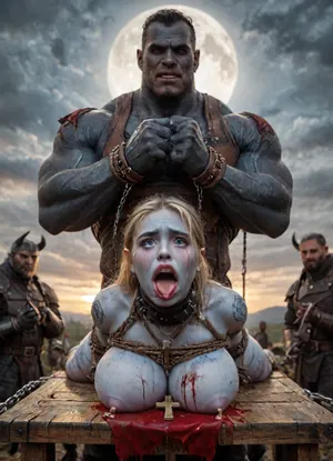 female drow elf barbarian, (blue skin:1.82), tall, angry, busty, curvy, thin waist, big boobs, big butt, slim, fit, vitiligo, strong, fur pelt armor, dungeons and dragons, purplish blue skin, black and purple hair, Dark, Elf, Warrior, Drow, tattooed, scarred, purple eyes, blue skin, amazon, giant, fur barbarian armor, bloody, blood spatter, bear, bear heart, (in a bloody filed after a battle, white full moon in the sky:1.4), (man is choking her from behind:1.4), ((hogtied, bound with large chains, crucified to a torture table, spikes through hands:1.3)), (torture:1.32), (large sharp sword in anus:1.12), cock in mouth, (brutal face fuck), Blowjob, (tears in eyes:1.5), (running makeup), (cum drips from nose:1.3), (cum drips from mouth:1.3), ultra hd, photorealistic, hyper gigantic large black cock in mouth, (((hyper gigantic large black cock in mouth:1.3))), oral cream pie, hair grab, sad crying, tongue out, gasping for air, zavy-brbrn, gangbang, double anal penetration, anal spitroast, groupsex, deepthroat, (4 gigantic African black brute thug, huge trunklike arms, huge head, hyper muscular body, dressed in slave clothes:1.32), ((hogtied, bound for sex, tied up)), (((hyper gigantic large white cock in mouth:1.3))), (pulled nipples:1.2), nipple clamps, (((spitroast))), (((hyper large cock in mouth:1.3))), screaming, shocked, deep anal penetration, Uber realistic, 8k, ultra detailed, masterpiece, arched back, detailxl, 35mm photograph, film, professional, 4k, 1girl, 5 boys, hdr, photographic, ultra realistic, ultra high details, back light, (front view), (dynamic pose), best quality, incredibly lean body, anal sex, with large muscular black men, gargantuan black cocks, large hyper muscular fat old men, (double anal sex), swollen white veiny cocks, (double anal penetration), hardcore double penetration, proper physics, big white cocks, muscular white double anal gangbang, (forceful penetrations), extremely graphic, shocked expression, beautiful hands, defeating a woman in combat, fighting, killing, blood, winning fight, magazine cover, Realism_Quality_2xx_By_Stable_Yogi, score_9, score_8_up, score_7_up, (((very pretty face:1.3))), (((extremely ultra detailed face:1.3))), perfect fingers and hands, upper body view, (extreme size difference:1.6), (ultra realistic), (maximum quality), (high resolution), (extreme detail), (ultra realism), UHD, super high quality, highly detailed, high resolution, perfect lighting, natural lighting, (dynamic angle), (random angle), (random pose), (dynamic view), (random view), golden hour, rich details, nature-inspired color palette, <lora:Dark_Elf_Warrior:2>, <lora:Drow:2>, <lora:339100_training_data:2>, <lora:zavy-brbrn-sdxl:2>, <lora:LCMTurboMix_Euler_A_fix:2>