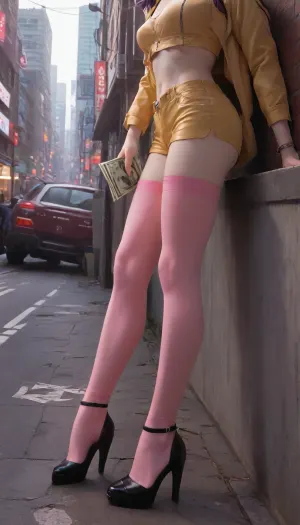 ((Masterpiece)), ((4K HD quality)), ((high resolution frame)), (score_9, score_8_up), ((Generate in Anime art style)), (Faye Valentine:1.4), from cowboy bebop, short dark purple hair, resting bitch face, bright yellow lether, (sleeveless), crop top, bright yellow leather short shorts, pink stockings, black high heels, sittingon sidewalk, (buff black man out of frame, holding out money to Faye), in a cyberpunk city, on the street, detailed background, close up, side view, fv4lent, yellow_outfit_pink_thighighs, red, jacket, <lora:viola:1.4>, <lora:faye-anime:1.4>, <lora:cbcity2:1.4>