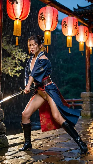 A female samurai mid-swing in a rain-drenched nighttime duel on an arched stone bridge. Her dark Sengoku-era armor features a lacquered nude, breastplate deliberately pushed aside, revealing a soaked indigo kimono beneath that exposes her collarbone, nude, bare shoulder, and a hint of cleavage—combining vulnerability with lethal intent. Rain slicks her tied-back hair as she grips a katana in a downward arc, its blade catching streaks of light from paper lanterns hanging nearby. The composition uses a cinematic 50mm perspective, shallow depth-of-field blurs dripping willow branches in the foreground while sharp focus captures her focused expression, the bridge's wet cobblestones reflecting fractured lantern glow like scattered fireflies. Mist coils around her tabi boots, and blood drips from her blade onto the reflection of a fallen opponent just outside the frame.