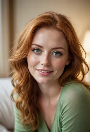 portrait of a 30-year-old European woman, natural red hair with soft waves, light freckles across nose and cheeks, vivid green eyes with a playful sparkle, warm genuine smile, casual yet flirty "girl next door" vibe, classy styling in softly lit boudoir environment, funny and playful mood, cinematic soft light with warm golden tones, high-resolution photography, shallow depth of field, 8k