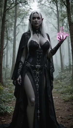 Beautiful female elf goth warlock, goth, servant of a Gothic patron, regal and otherworldly. Tall and elegant with a slim but powerful build, flawless pale skin with a faint shimmer, sharp angular elven features, long flowing white hair, with black highlights, and piercing red eyes glowing faintly with gothic magic, large bimbo breasts, (black-grey skin:1.8), . Wearing enchanted ornate plate armor shaped with flowing gothic symbols, and silver filigree, glowing with faint red arcane light. A cloak of deep twilight purple billows behind her. Wielding a glaive with an ethereal crystalline blade that hums with gothic power, runes glowing along the shaft. Standing in a moonlit forest clearing where flowers bloom at her feet, glowing will-o’-wisps and faint arcs of gothic magic floating in the air. Ultra-realistic high fantasy art, highly detailed, cinematic magical lighting, atmosphere of beauty, danger, and gothic majesty.