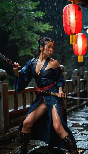 A female samurai mid-swing in a rain-drenched nighttime duel on an arched stone bridge. Her dark Sengoku-era armor features a lacquered nude, breastplate deliberately pushed aside, revealing a soaked indigo kimono beneath that exposes her collarbone, nude, bare shoulder, and a hint of cleavage—combining vulnerability with lethal intent. Rain slicks her tied-back hair as she grips a katana in a downward arc, its blade catching streaks of light from paper lanterns hanging nearby. The composition uses a cinematic 50mm perspective, shallow depth-of-field blurs dripping willow branches in the foreground while sharp focus captures her focused expression, the bridge's wet cobblestones reflecting fractured lantern glow like scattered fireflies. Mist coils around her tabi boots, and blood drips from her blade onto the reflection of a fallen opponent just outside the frame.