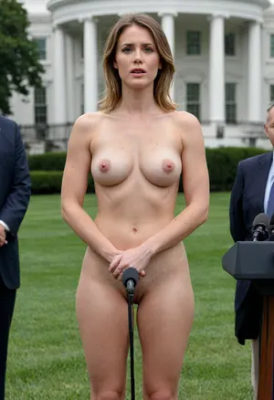 Karoline Leavitt holds a press conference on the lawn in front of the White House while сompletely naked, fully nude white house press secretary give a press briefing