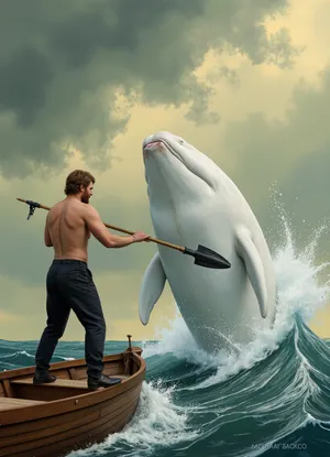 (Masterpiece), (high quality:1.2), (detailed:1.1), (pastel painting), (classic illustration style), dramatic moment, (Norwegian man with beard:1.2), standing at the bow of a wooden boat, holding a sea spear with a serrated tip in his hands, (chasing a white sperm whale:1.4), jumping out of the water, boiling water, splashes, waves, stormy sea, whistling wind, (cloudy sky:1.1), (gloomy light:1.1), (green-yellow and blue tones), (sharp contrasts:1.1), (strong dynamics), (chaos), (danger), (adventure), .