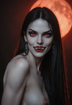 sexy nude scary vampire, pale ashen skin, athletic body, night, moonlight, red eyes, (((very long vampiric fangs)))