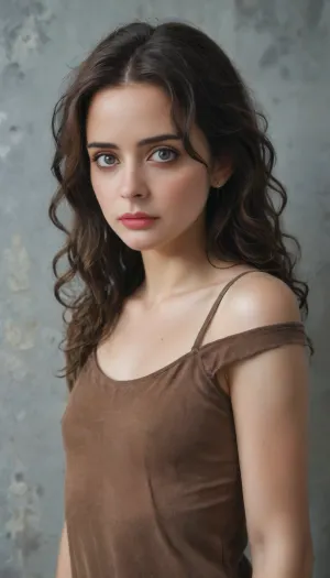 portrait, woman, white, black hair, shoulder-length hair, wavy hair, green eyes, petite, skinny, bonny, flat chested, brown shirt, grey background, textured background, industrial background