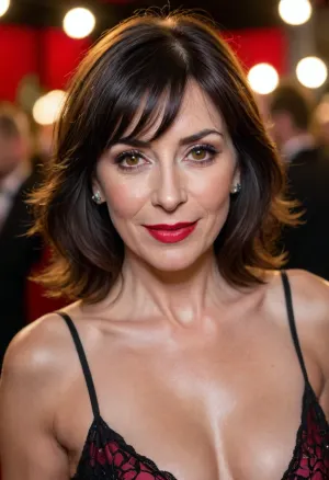 (c4mb3ll:1), . DSLR RAW upper body level photo, (sharp focus:1.2), attractive 60 year old woman, (beautiful face:1.2), detailed eyes, (captivating glowing amber eyes:1.3), (eyeshadow:1.25), (red lips:.95), (subtle smile:1.25), body freckles, (medium breasts:1), (toned body:1.05), (blunt bangs, black hair:1.25), wearing, (plunging neckline:1.2), at, (red carpet event:1.2), ., (cool lighting:1.2), depth of field, bokeh, 4K, HDR. by, (Fabian Perez:1.2), <lora:c4mb3ll:.5>