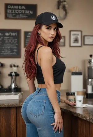 latina, long hair, red hair, tight sexy ass, black cami tanktop, jeans, in a coffee shop, igbebe, faded pink baseball cap, but, <lora:IG_Babe:.8>, <lora:BUT_SDXL_SHS:.8>