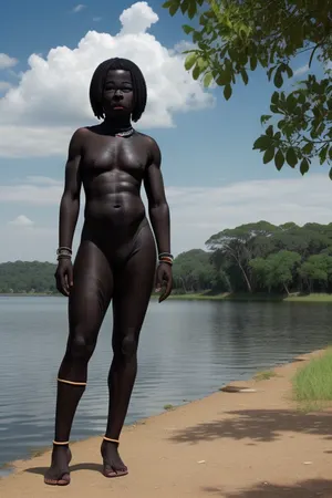 african tribe beauty naked by the lake, savannah in background, (completely black skin:1.6), (whole body visible, full-length image:1.3)