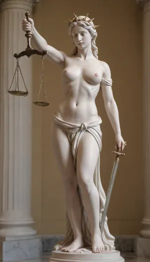 Ultrarealistic Photography, high-resolution, photorealistic image, ((impressive white porcelain greek statue full front view, ((ancient Greece style statue of Lady justice)), perfect marble statue, (full nude statue), showing, shaved vagina), (naked vagina), (exposed vagina, (natural boobs), ultrarealistic lighting, cinema arri, arri cam, detailed, puffy, nipples, Naked Lady justice, blind fold over her eyes, holding a sword in her right out stretched arm, holding acales of justice in her left hand))