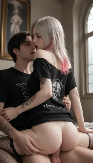 goth woman, long white hair with pink highlights, tattoos, piercing, black lipstick, black oversized t shirt clothes, fishnets, round ass, open mouth, with a sexy dress, standing sex, reverse cowgirl, ratatatat74, <lora:ratatatat74-000050:1>