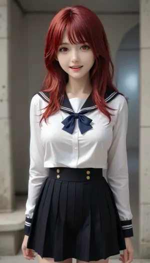 masterpiece, best quality, good quality, newest, detailed background, glitter, smile, open mouth, looking at viewer, solo, anime coloring, 2010s \, (style\), opaiidiri\, (ero_flash\), 1girl, black red hair, long hair, red eyes, large breasts, school uniform, white serafuku, black sailor collar, blue bowtie, long sleeves, black skirt, pleated skirt, standing