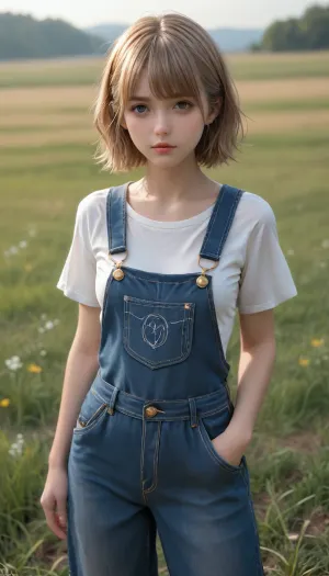 score_9, score_8_up, score_7_up, score_6_up, score_8, 4k resolution, realistic, cinematography, volumetric lighting, cute pale farmer girl with short blonde hair, bangs, dressed in overalls, grassy field