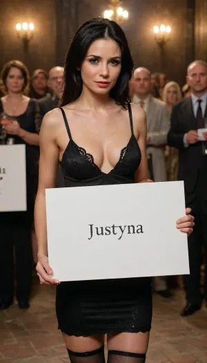 nice, strong, dark makeup, she is sad, she is crying, her tears are flowing with make-up, slut, 45 years old, black hair, very thin, very small breasts, erotic black dress, stocking, stands on the platform, dungeon, (slave auction), old man, people with bidding signs, you can see people bidding on it, watching it, (holding a sign with words 'justyna'), cum on cloth, a large crowd of people are watching her, <lora:facialized:.5>, <lora:PE_HoldingSign:.8>, <lora:texta:.5>
