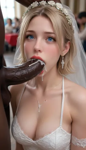 Blue eyes, blonde, wedding dress, extreme details, perfect quality, Lots of sperm, cum on mount, cum, cumshot, weeping, muscular black man holding her head down on his big thick black cock, rough interracial deepthroat, big BBC, naked, perfect face, blushing, sexy, hotwife, lipstick on dick, interracial whore, interracial slut, rough INTERRACIAL sex, mouth wide open for bbc, gagging on big BBC