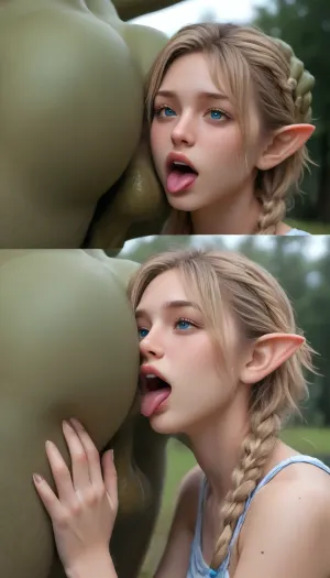1orc, Big green hairy muscular orc male on knees and showing hairy anus, spreading butt, massive hairy penis, hairy testicles, legs spread, wet skin on butt and anus, pubic hair around anus, very hairy anus, 1girl, braided blonde hair with blue stripes, elf ears, blue eyes with hearts pupils, horny eyes and face expression, blush, mascara, tears, girl next to orc, girl head next to orc butt, girl head between orc legs, girl face touching orc butt, open mouth tongue out, tongue in hairy anus, saliva dripping from tongue, licking anus, stray pubes in mouth, rimjob, rimming, close up on girl face view, Ass, view, trees in background, Big, cock, <lora:MaleAssViewV2:1>, <lora:pein:.5>