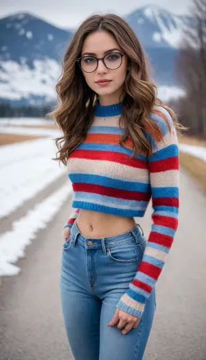 masterpiece, best quality, photorealistic, ultra-detailed, beautiful young woman with long wavy brown hair, wearing stylish round glasses, dressed in a colorful striped fuzzy crop sweater with red, blue, black, and beige tones, paired with light blue high-waisted jeans, toned and slim figure, flat stomach, standing confidently on a snowy rural road, surrounded by a scenic winter landscape with mountains and trees in the background, overcast sky creating soft diffused lighting, cozy and natural atmosphere, cinematic composition, high-resolution photo, <lora:add-detail-xl:1.5>, <lora:Microwaist_XL_v01:1.5>