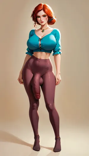 Illustrated, cartoon style, Witcher, Triss from Witcher, Futanari, (black leggings), (Cock bulge), ((cock under leggings)), ((bulge in leggings)), ((massive erect cock in leggings)), (thin body), ((thin waist)), ((thin legs)), ((huge breasts)), RAR, <lora:RAR 0.4v:.4>, <lora:Animated_Concept:1.4>, <lora:bimboxl_02:.4>, <lora:Leggings:.3>
