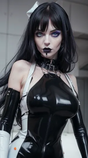 (extreme closeup:1.5), Goth girl, 1girl, solo, ice blue eyes, pale skin, (black lipstick:1.25), long hair, looking at viewer, simple background, black hair, white hair, multicolored hair, posture collar, black eyes, dark background, (hair over one eye), two-tone hair, latex catsuit, shoulder straps, arms tight behind back, armbinder, (n4chtblut), (score_9, score_8_up, score_7_up)
