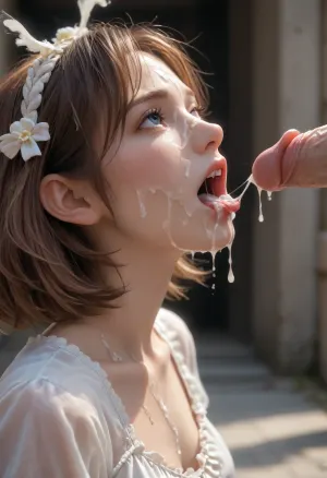 Side view, 1female, 1male, female open mouth, Man ejaculates in female face, erected penis, cum, cum splash, (cum splash on face:1.2), cum covering face, cum dripping, covered in cum, gagging on cum, cum jet in mouth, mouth filled with cum, cum overflow, to much cum