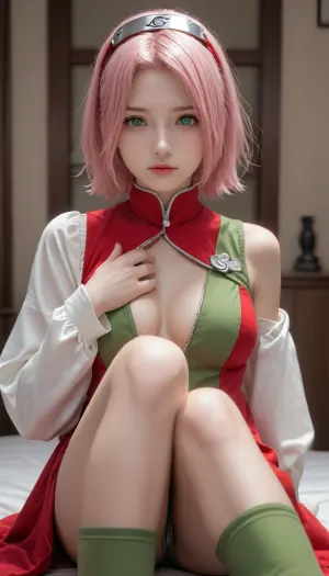 (sakura haruno "naruto"), short pale pink hair, large light green eyes, large forehead, thin lips, large breasts and very light skin. Konohagakure protector on a headband, naked, dressed in green leggings above the knees and a red qipao dress, covering only the knees, with a zipper, with short petal sleeves with white, slits on the sides of the hem, white outlines and symbols of rings of the same color, one each, on the back and sleeves.full growth photorealism