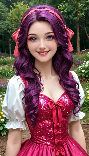 beautiful princess dress, ruffles, bows, ribbons, sequins, long hair, pink and purple hair, beautiful hairstyle, stump, curvature, beauty, masterpiece, nature, flowers, makeup, (smile:1.5)