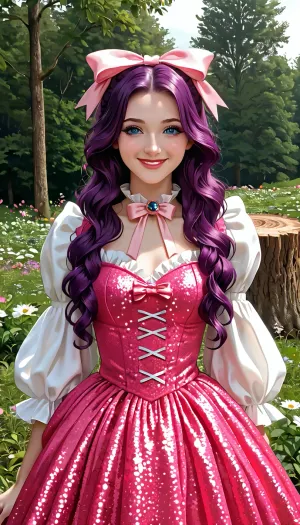 beautiful princess dress, ruffles, bows, ribbons, sequins, long hair, pink and purple hair, beautiful hairstyle, stump, curvature, beauty, masterpiece, nature, flowers, makeup, (smile:1.5)