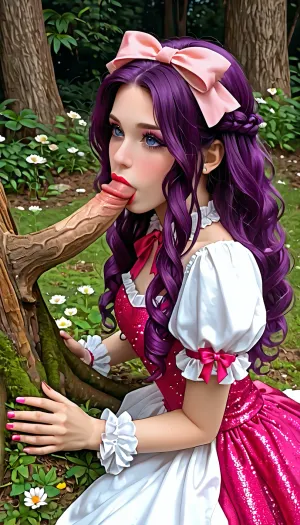 beautiful princess dress, ruffles, bows, ribbons, sequins, long hair, pink and purple hair, beautiful hairstyle, stump, curvature, beauty, masterpiece, nature, flowers, makeup, kneeling, blowjob, <lora:ddkb_v1:.5>, 0